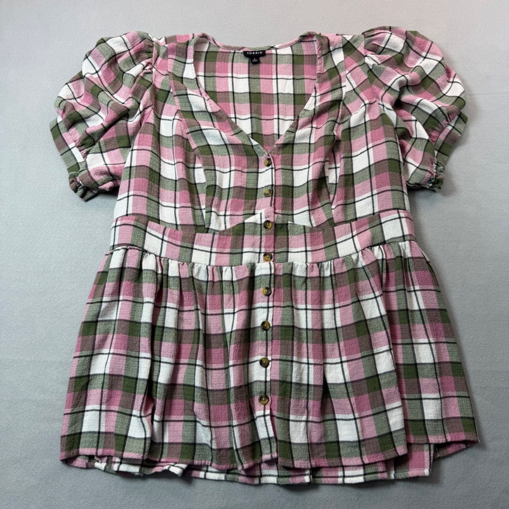 Torrid Pink Olive Green Plaid Button Front Babydoll Top Smocked Back Size 2 2X